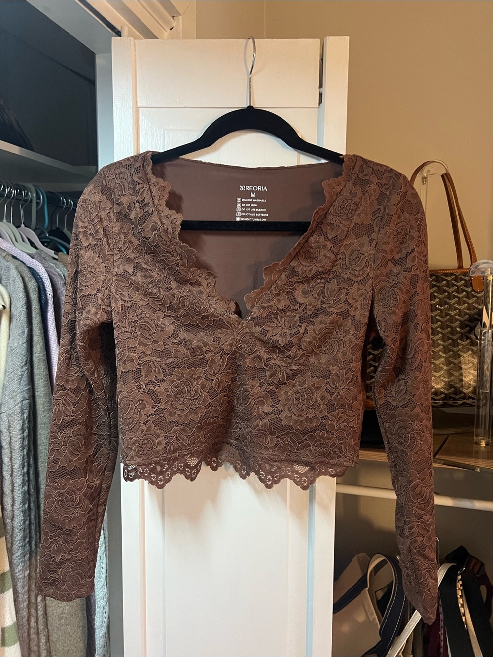 ReoRia Brown Floral Lace V-Neck Long Sleeve Crop Top